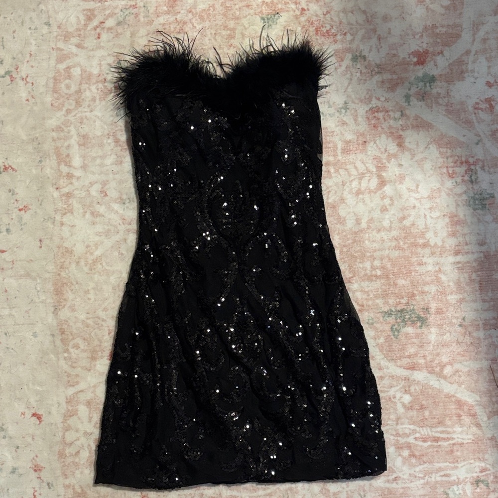 Windsor Black Strapless Sequin Dress with Feather Detail